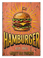 HAMBURGER BEST IN TOWN yazılı ve bayraklı retro poster