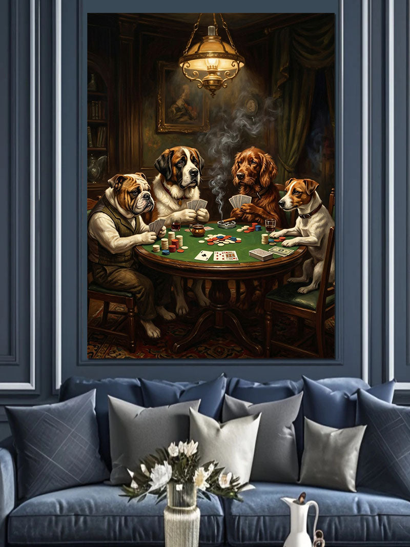 Pokerde Oynayan Köpekler Dörtlü Kanvas Tablo