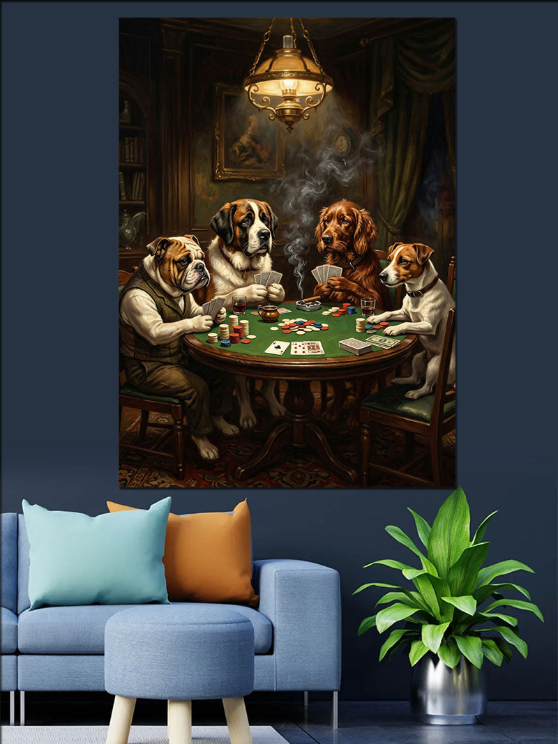 Pokerde Oynayan Köpekler Dörtlü Kanvas Tablo