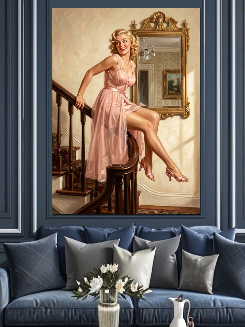 Merdivende Pembe Elbiseli Sarışın Pin-up Kadın Kanvas Tablo