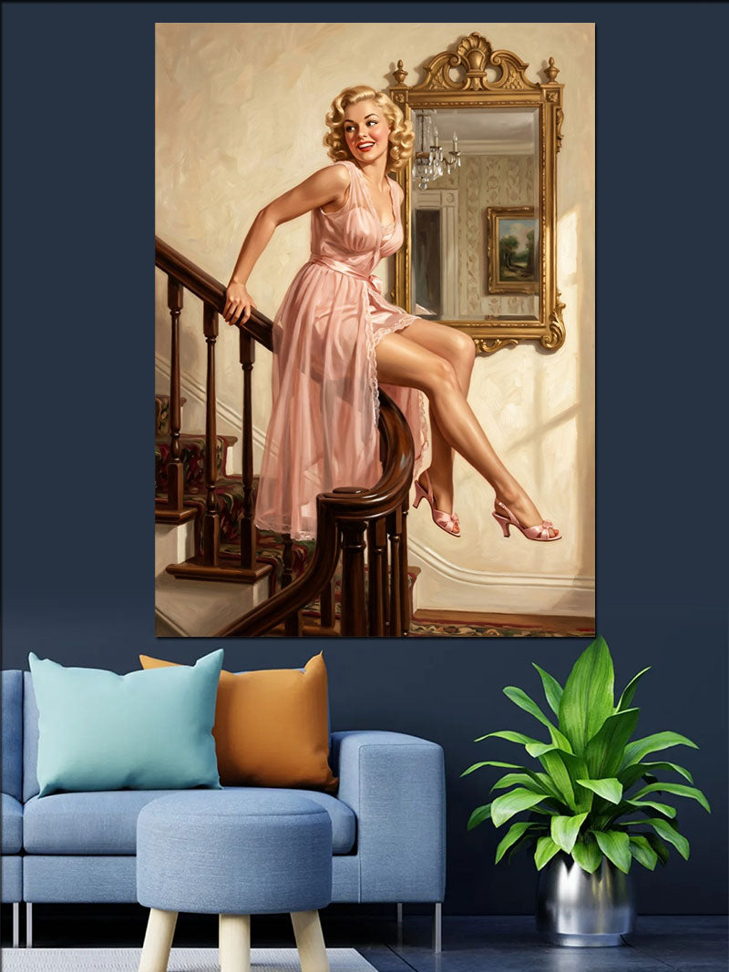 Merdivende Pembe Elbiseli Sarışın Pin-up Kadın Kanvas Tablo