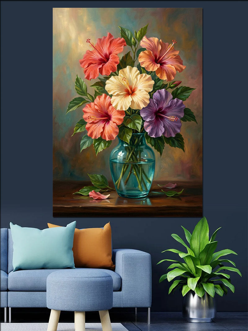 Mavi Vazoda Turuncu ve Pembe Hibiskus Kanvas Tablo