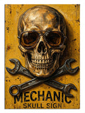 Gözlüklü kafatası ve İngiliz anahtarlı MECHANIC SKULL SIGN tabelası