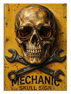 Gözlüklü kafatası ve İngiliz anahtarlı MECHANIC SKULL SIGN tabelası