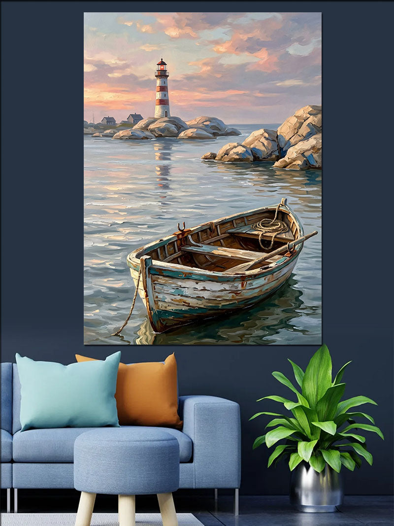 Deniz Feneri ve Eski Kayık Gün Batımı Kanvas Tablo