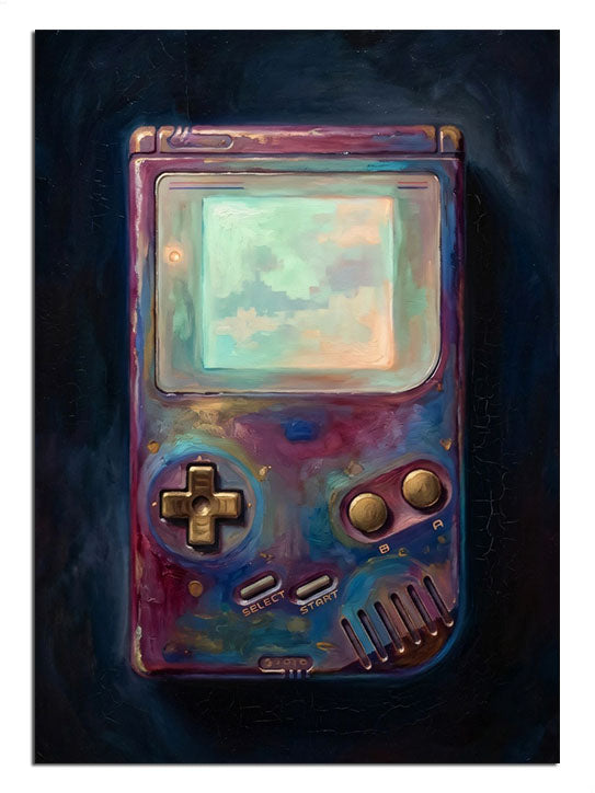 Game Boy ve renkli ve soyut galaksi ekranlı