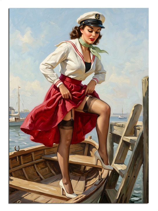Tekne üzerinde kırmızı etekli ve denizci pin-up kadın