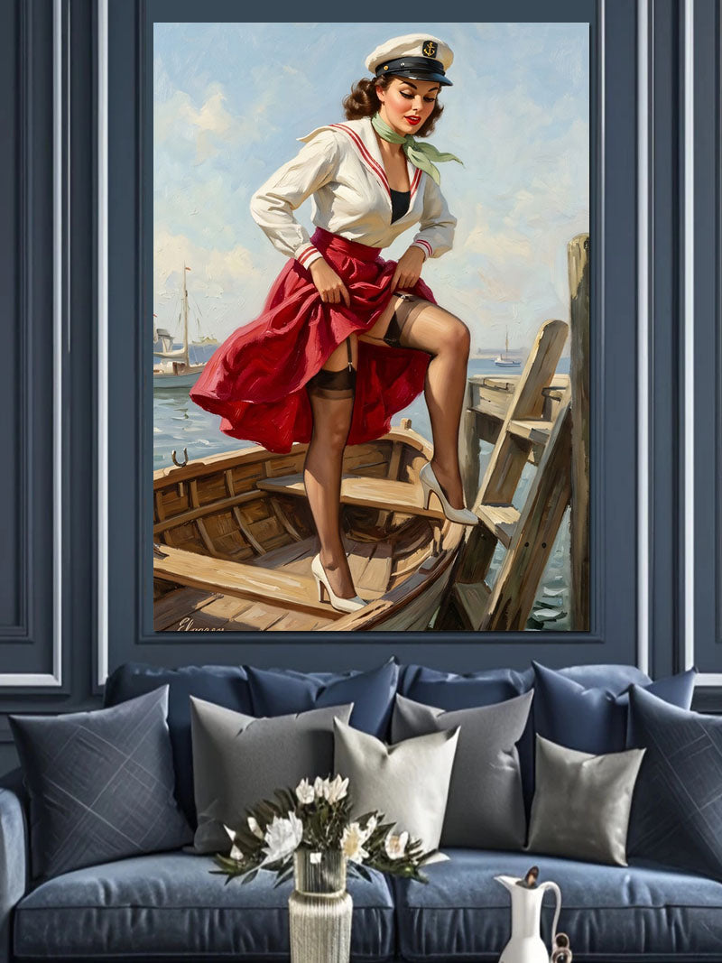 Tekne Üzerinde Kırmızı Etekli Pin-up Kadın Kanvas Tablo