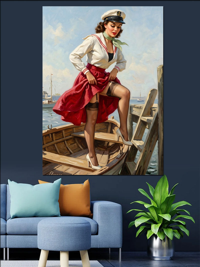 Tekne Üzerinde Kırmızı Etekli Pin-up Kadın Kanvas Tablo