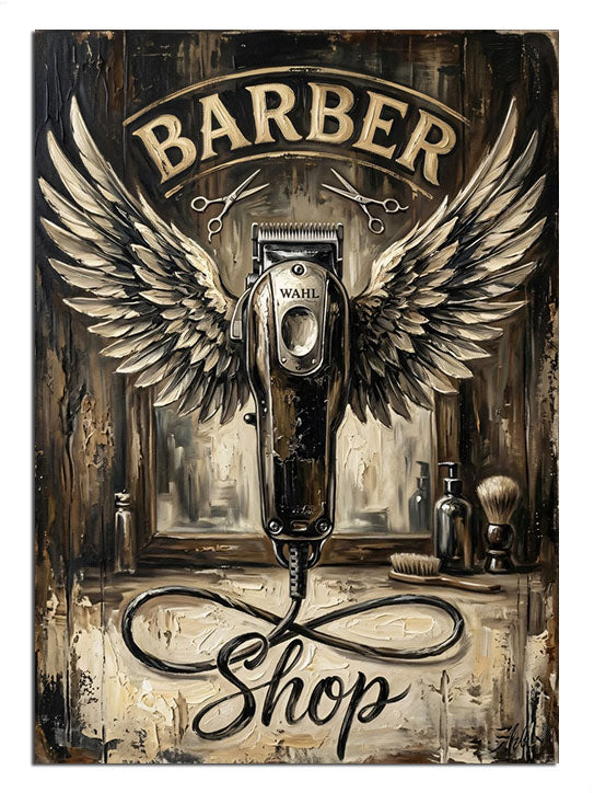 Kanatlı berber makası ve BARBER SHOP yazılı tabela