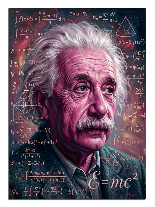 Formüllü ve mor ve E=mc2 yazılı Einstein portresi