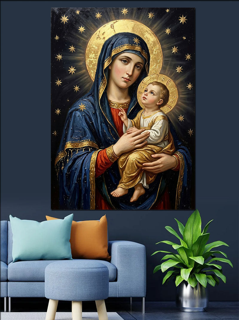 Meryem Ana ve Bebek İsa Altın Haleli Kanvas Tablo