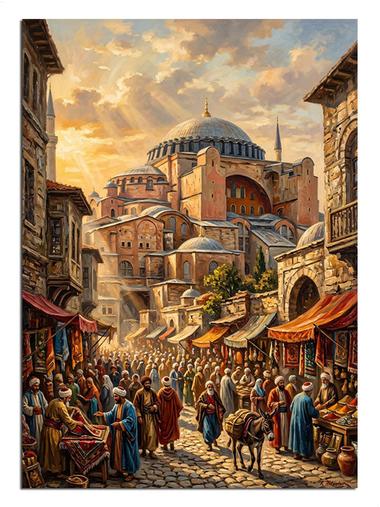 Ayasofya ve kalabalık çarşı sokağı ve gün batımı manzarası