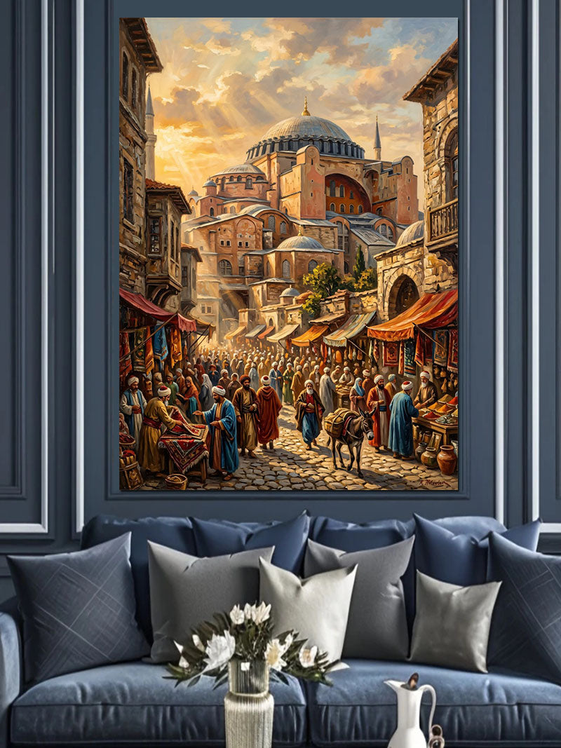Ayasofya ve Kalabalık Çarşı Sokağı Gün Batımı Kanvas Tablo