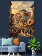 Ayasofya ve Kalabalık Çarşı Sokağı Gün Batımı Kanvas Tablo