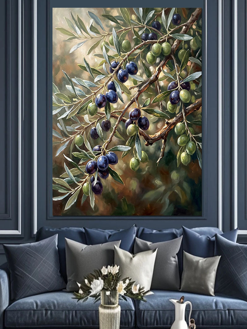 Zeytin Dalı ve Siyah ve Yeşil Zeytin Taneli Kanvas Tablo
