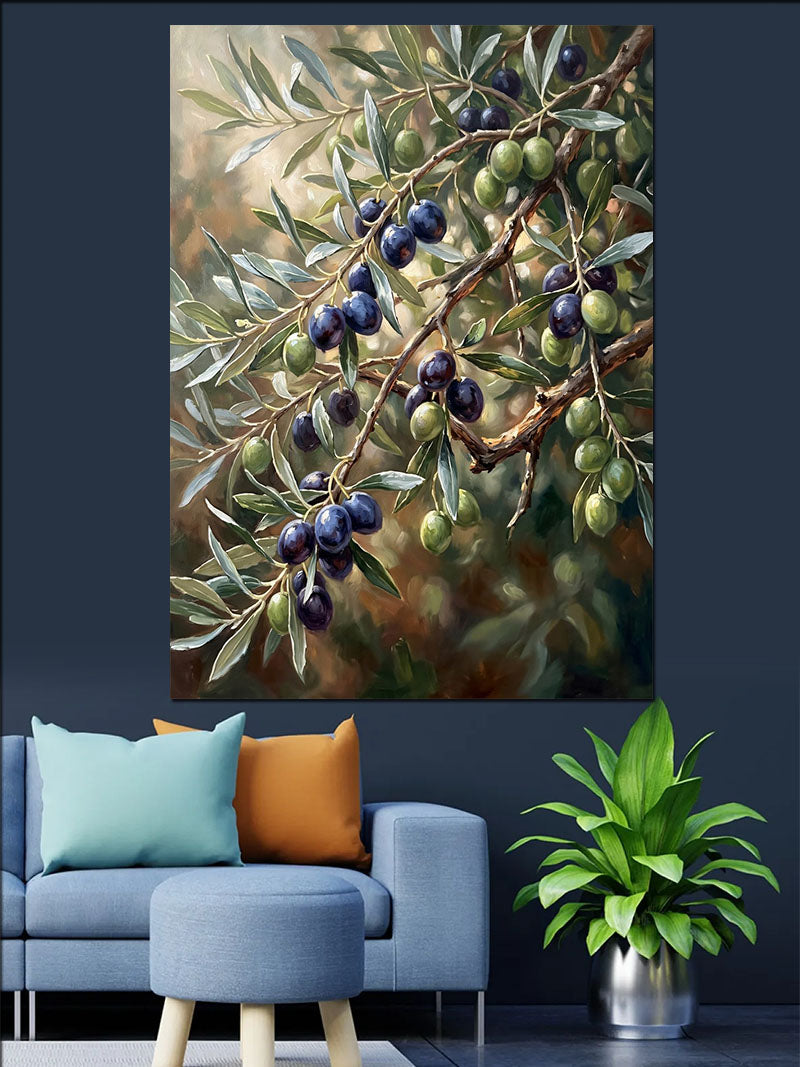 Zeytin Dalı ve Siyah ve Yeşil Zeytin Taneli Kanvas Tablo