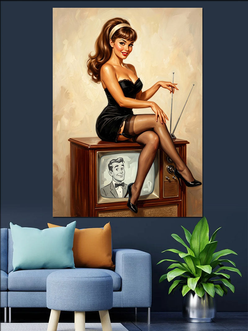Televizyon Üzerinde Oturan Siyah Elbiseli Pin-up Kadın Kanvas Tablo