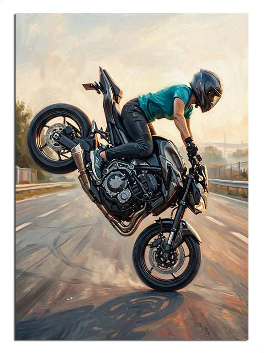 Tek tekerlek kaldıran motosiklet ve sürücü ve yolda