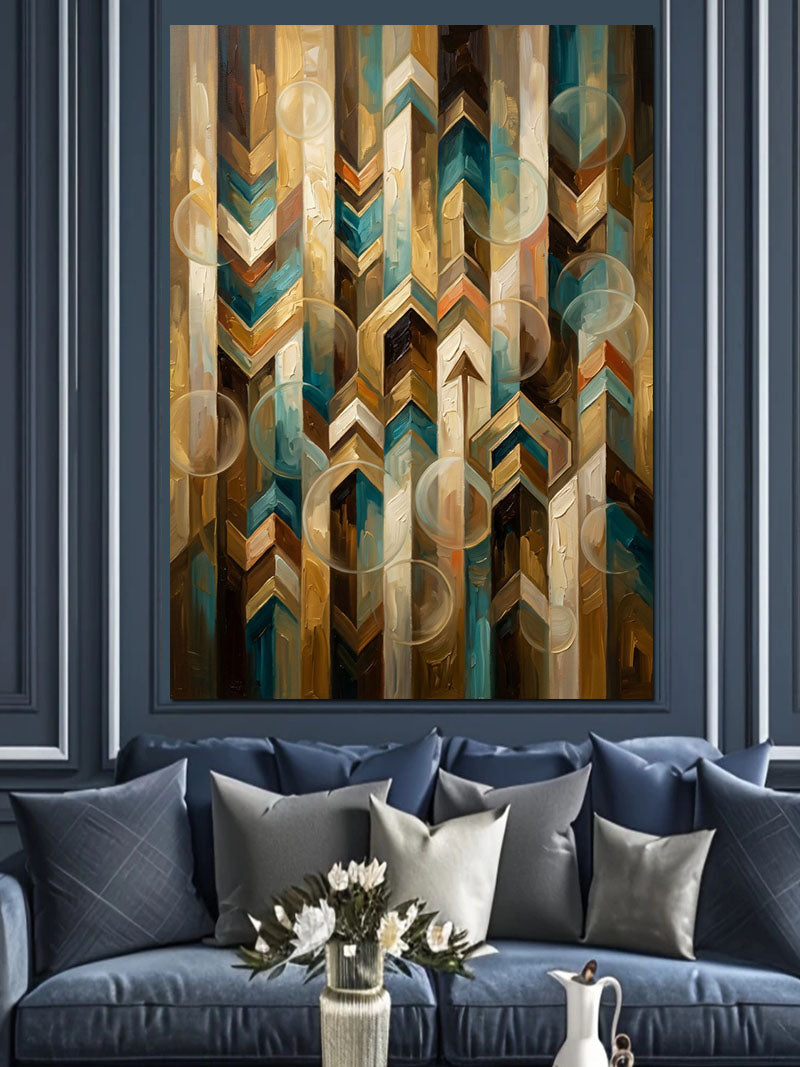Mavi ve Kahve ve Altın Geometrik Zigzag Desen Kanvas Tablo