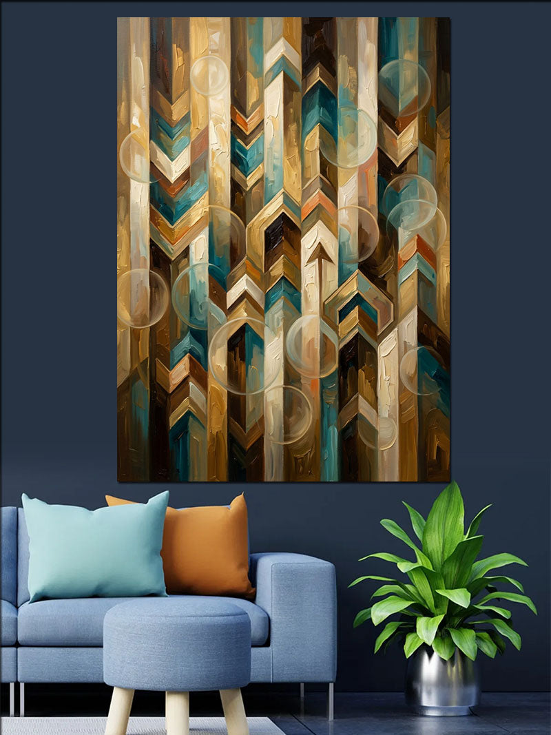 Mavi ve Kahve ve Altın Geometrik Zigzag Desen Kanvas Tablo