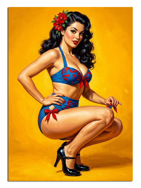 Sarı fonlu ve mavi bikinili ve çömelmiş pin-up kadın poz veren