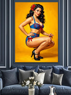 Sarı Fonlu ve Mavi Bikinili Pin-up Kadın Poz Veren Kanvas Tablo