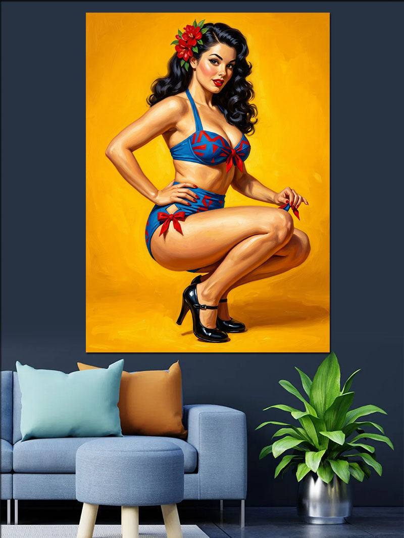Sarı Fonlu ve Mavi Bikinili Pin-up Kadın Poz Veren Kanvas Tablo