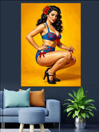 Sarı Fonlu ve Mavi Bikinili Pin-up Kadın Poz Veren Kanvas Tablo