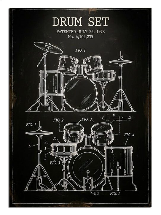 DRUM SET teknik çizimli ve siyah ve patentli poster