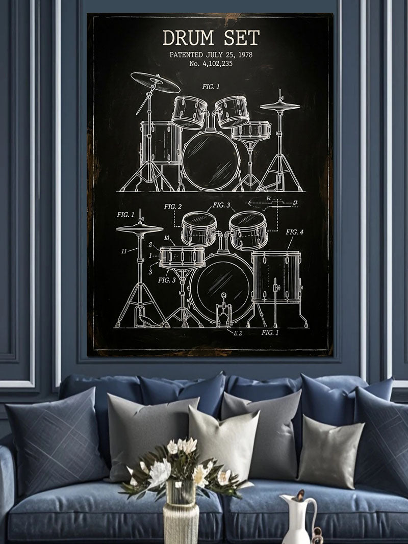 DRUM SET Teknik Çizimli ve Siyah Poster Kanvas Tablo