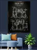 DRUM SET Teknik Çizimli ve Siyah Poster Kanvas Tablo