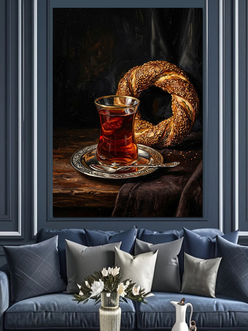Çay Bardağı ve Simit ve Tabaklı Masa Kanvas Tablo