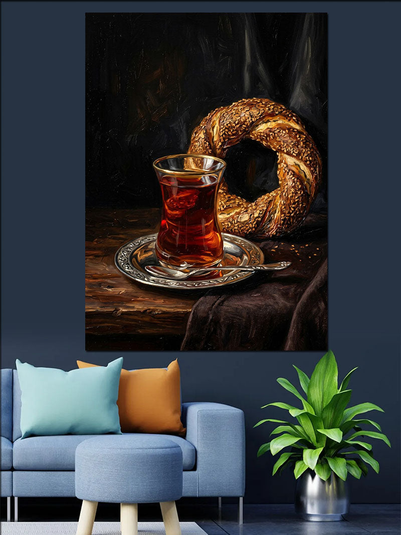 Çay Bardağı ve Simit ve Tabaklı Masa Kanvas Tablo
