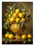Sarı vazoda limon ve çiçekli ve yapraklı ve masa