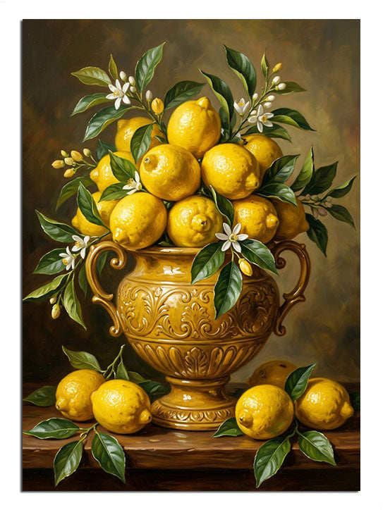 Sarı vazoda limon ve çiçekli ve yapraklı ve masa