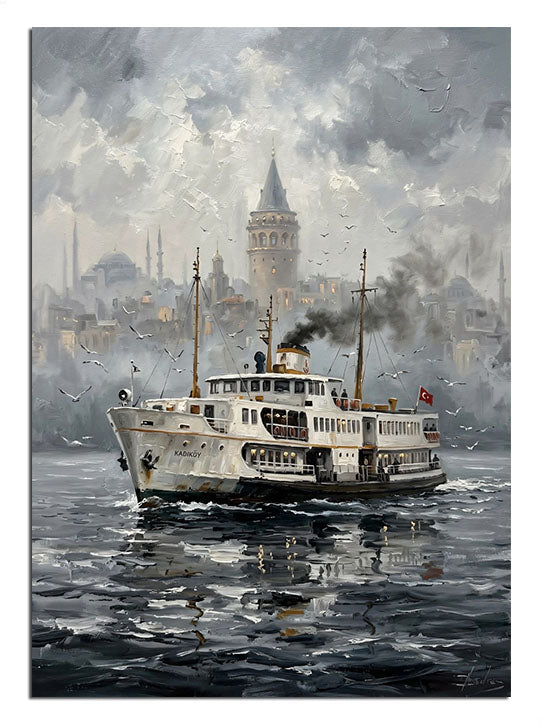 Boğaz ve vapur ve İstanbul ve cami ve sisli manzaralı