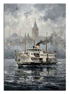 Boğaz ve vapur ve İstanbul ve cami ve sisli manzaralı
