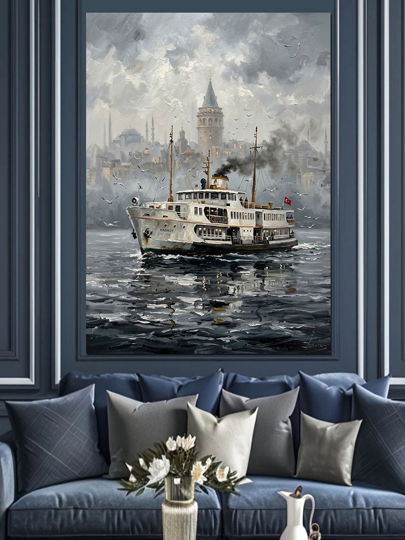 Boğaz ve Vapur ve İstanbul Manzaralı Sisli Kanvas Tablo