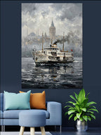 Boğaz ve Vapur ve İstanbul Manzaralı Sisli Kanvas Tablo