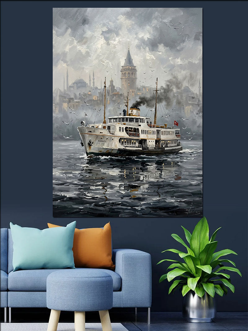 Boğaz ve Vapur ve İstanbul Manzaralı Sisli Kanvas Tablo