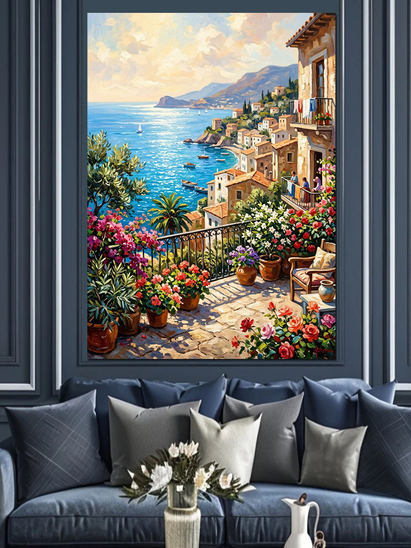 Çiçekli Balkon ve Deniz ve Kasaba Manzaralı Teras Kanvas Tablo