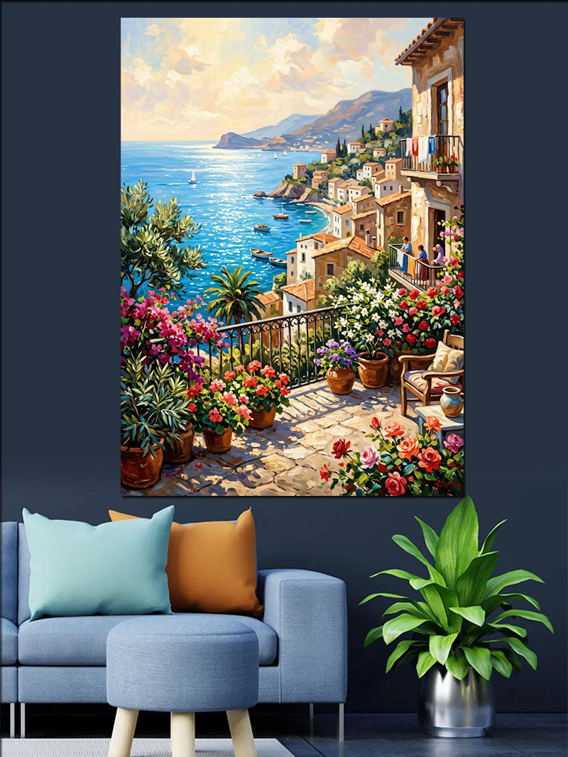 Çiçekli Balkon ve Deniz ve Kasaba Manzaralı Teras Kanvas Tablo