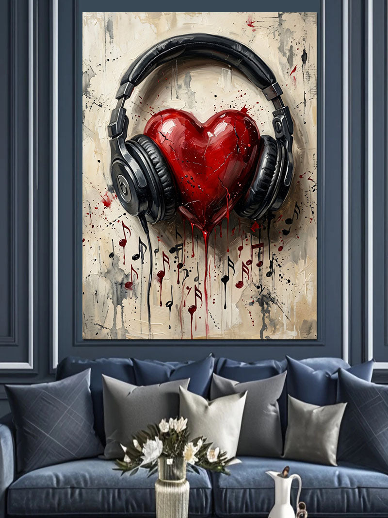 Kulaklıklı ve Kanlı Kalpli ve Müzik Notalı Kanvas Tablo
