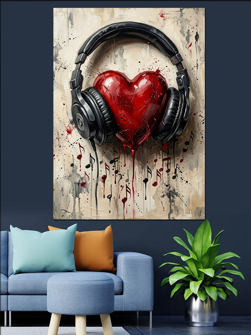 Kulaklıklı ve Kanlı Kalpli ve Müzik Notalı Kanvas Tablo