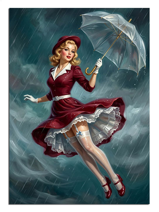 Şemsiyeli ve kırmızı elbiseli ve yağmurda uçan pin-up kadın