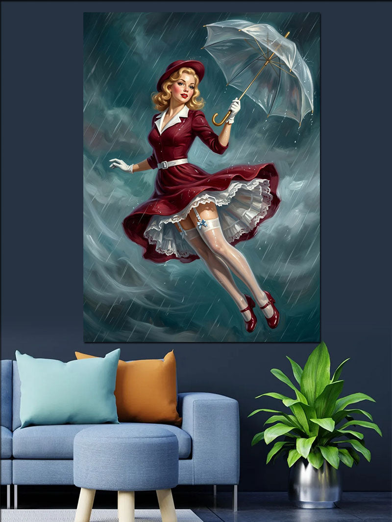 Şemsiyeli ve Kırmızı Elbiseli Pin-up Kadın Yağmurda Kanvas Tablo