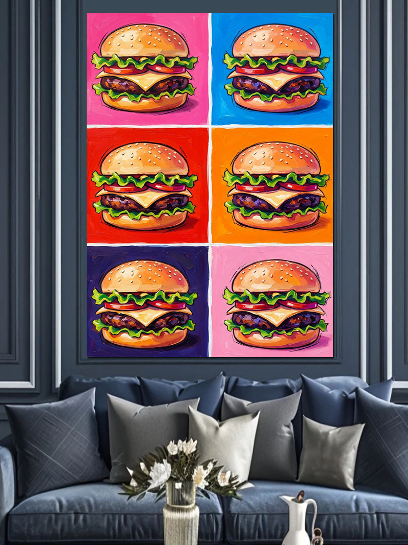 Renkli Pop Art Burger Altılı Kanvas Tablo