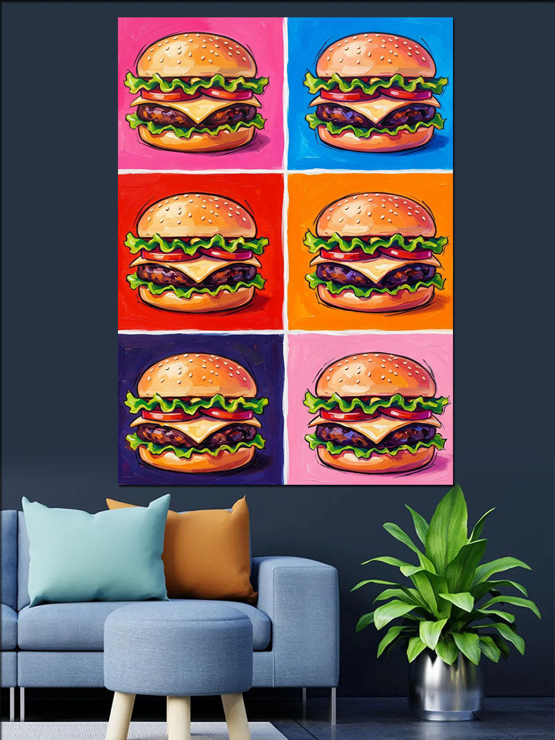 Renkli Pop Art Burger Altılı Kanvas Tablo