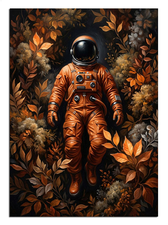Turuncu tulumlu astronot ve sonbahar yapraklı ve ormanda